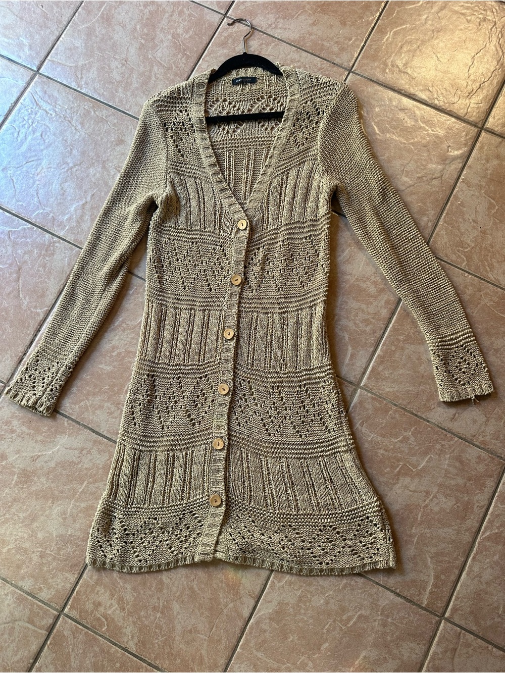 BCBGMaxAzria Tan Longline Knit Button-Front Cardigan